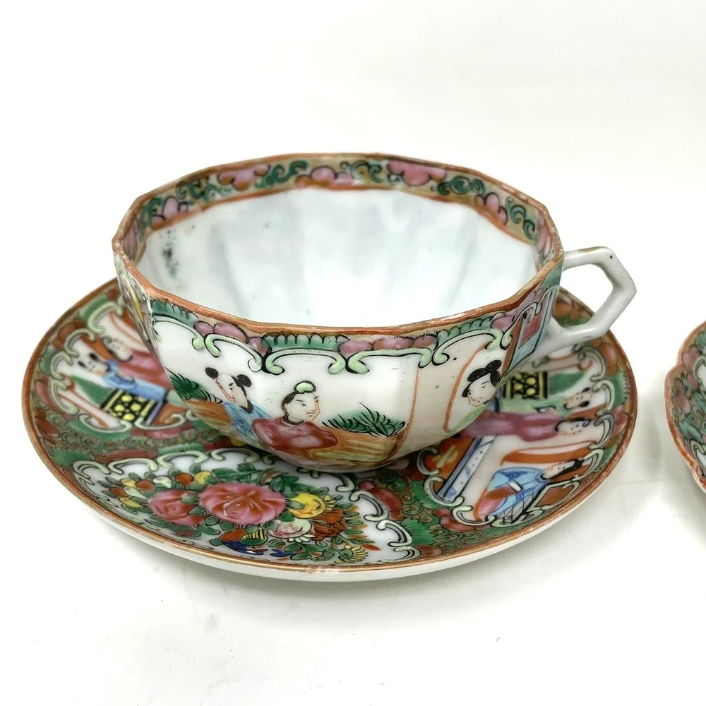 Antique Rose Medallion Chinese Porcelain Tea Cup & Saucer‎ Lot Of 3 Asian Art